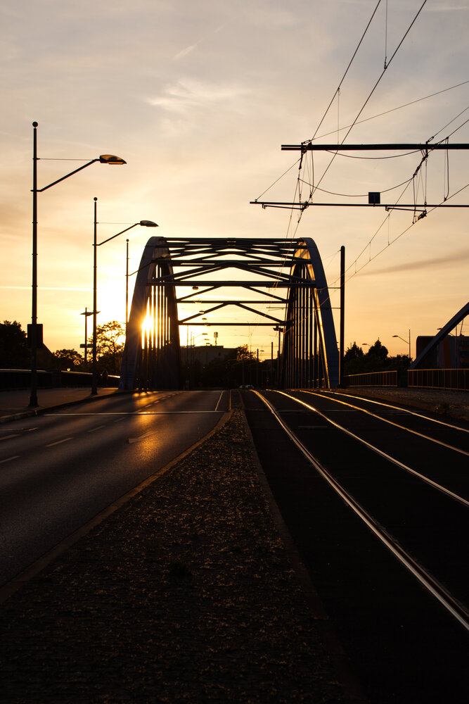 A city bridge at sundown.