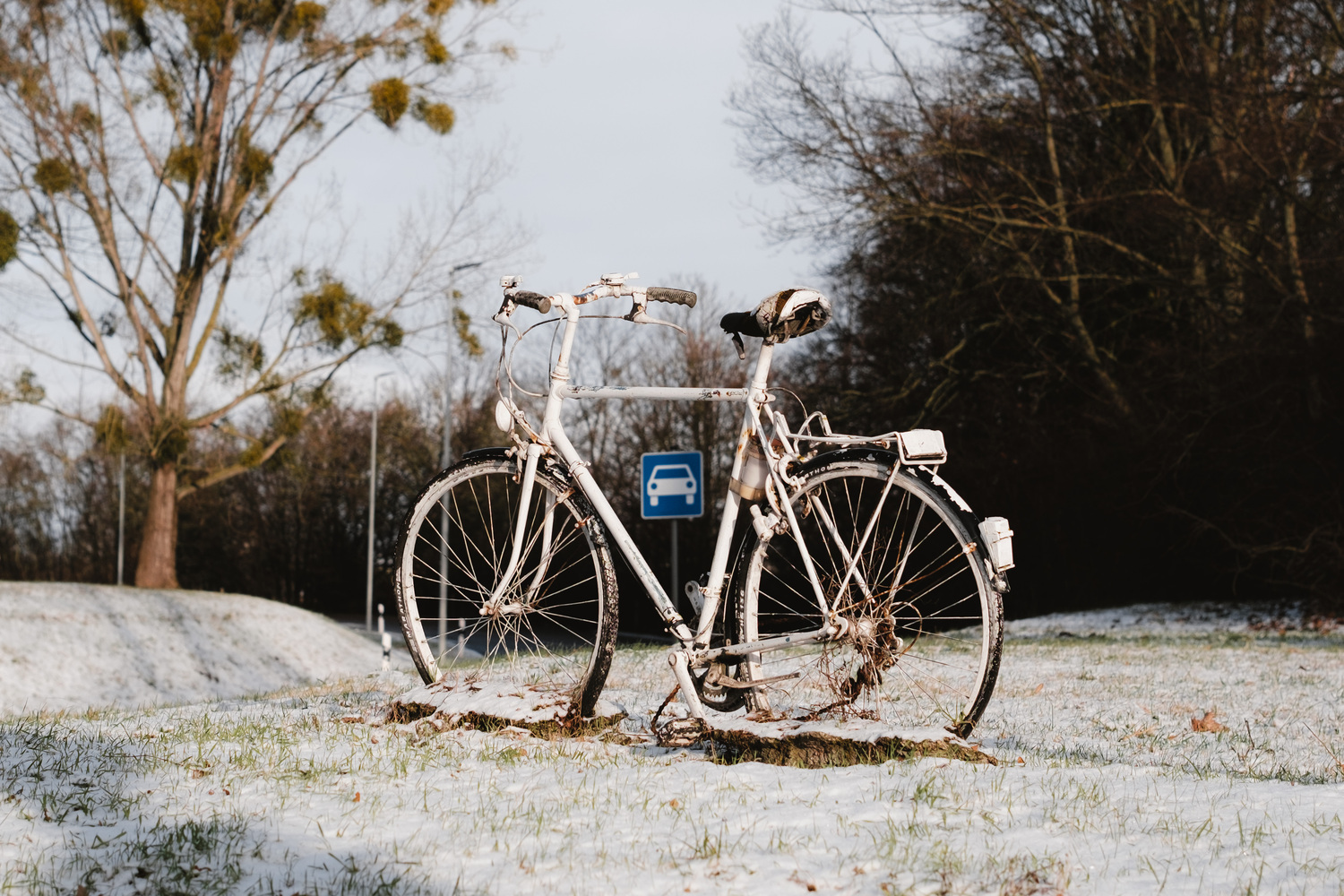 A white bicycle standing on a snowy meadow. The bicycle frames a blue road sign, which displays a car.