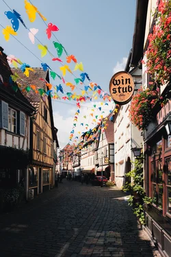 A cobblestone street with half-timbered houses. Colorful decorational butterflies hanging on top of the street. A "Winstub" sign on one of the buildings.