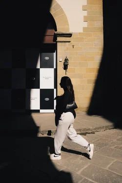 Half-shadow, half-sunlight scene. A black-white check pattern on the background wall. A half-silhouette woman dressed in black and white is walking from right to left.
