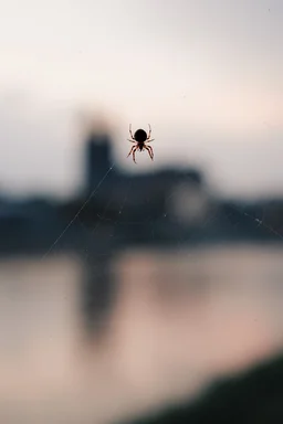 A spider sitting on a spider web. An out-of-focus church is visible in the background.