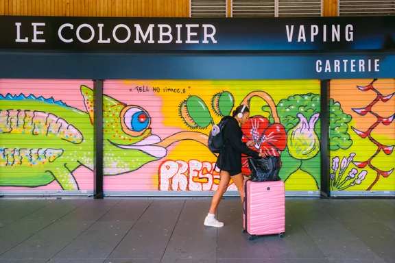 A woman with a pink trolley walks in front of a colorful graffiti. The graffiti contains a chameleon. Its tongue touches the head of the woman.