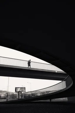 Fine art monochrome photograph. A man walks on a footbridge. Another curvy footbridge enframes the subject.