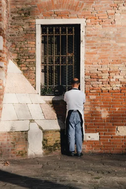 A man wearing an apron stands in front of a red brick wall with a window. He stands with his body towards the wall.